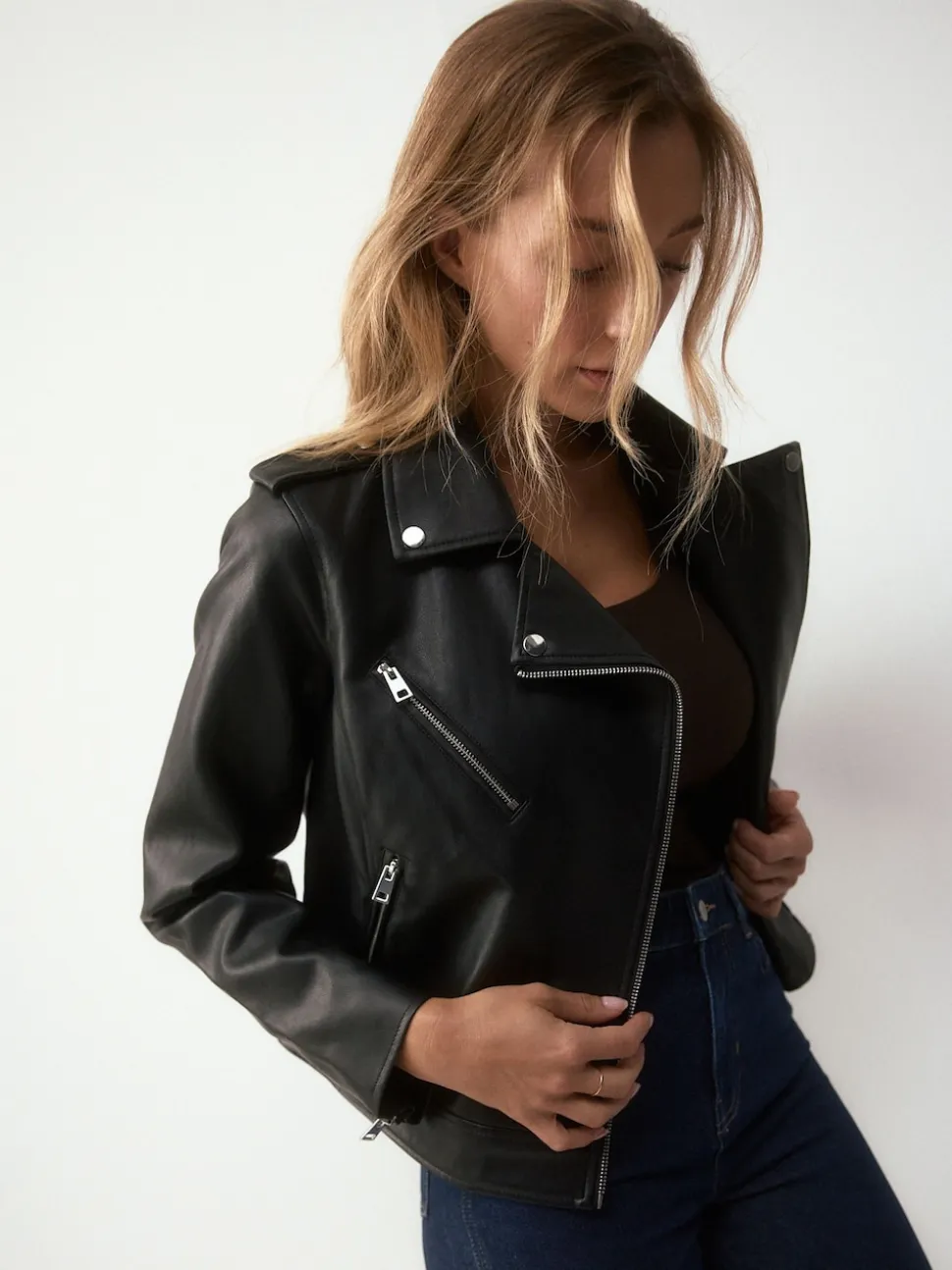 Black Fuller Bust Faux Leather Biker Jacket