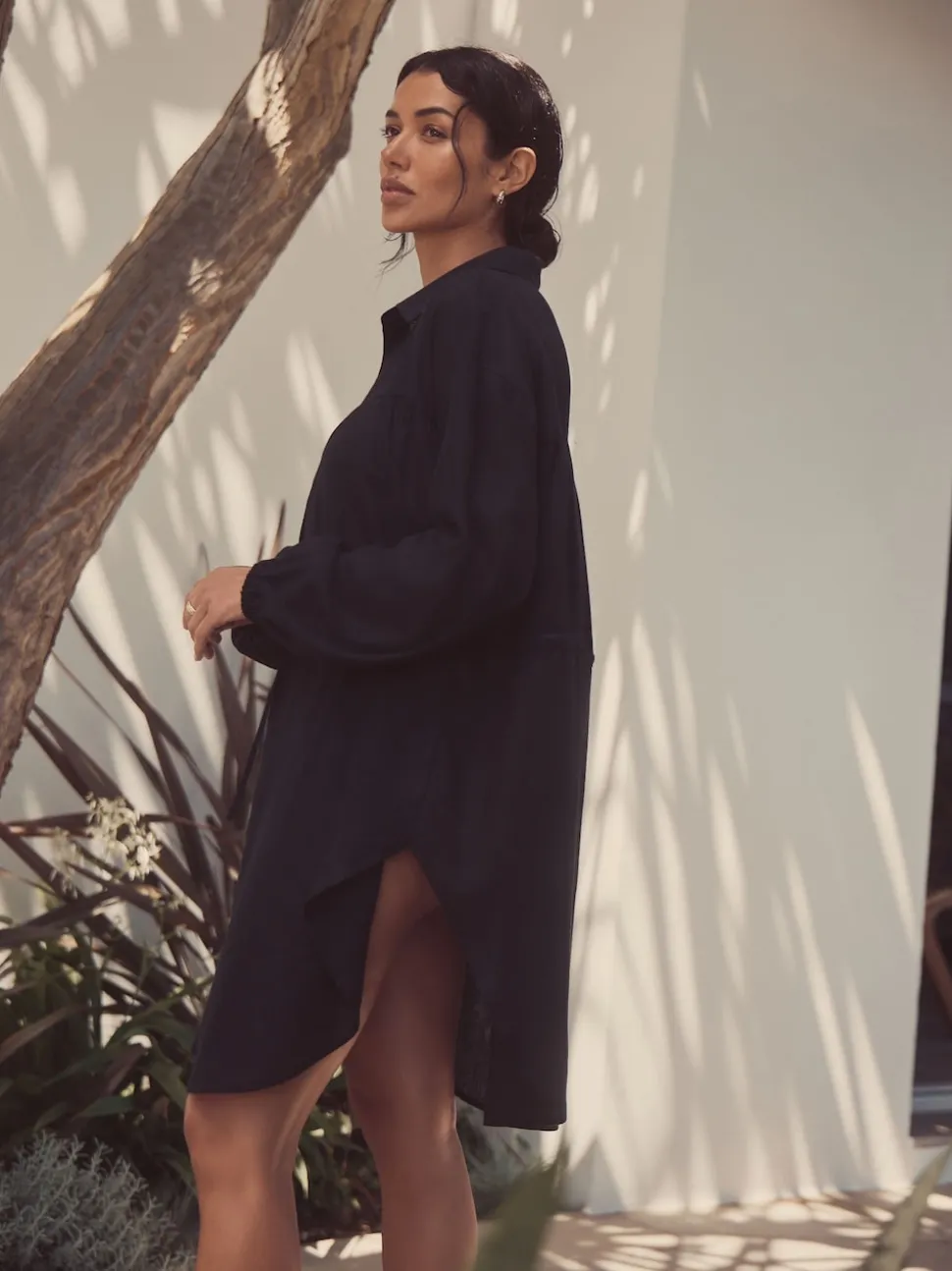 Black Gathered Waist Kaftan Cover-Up With Linen