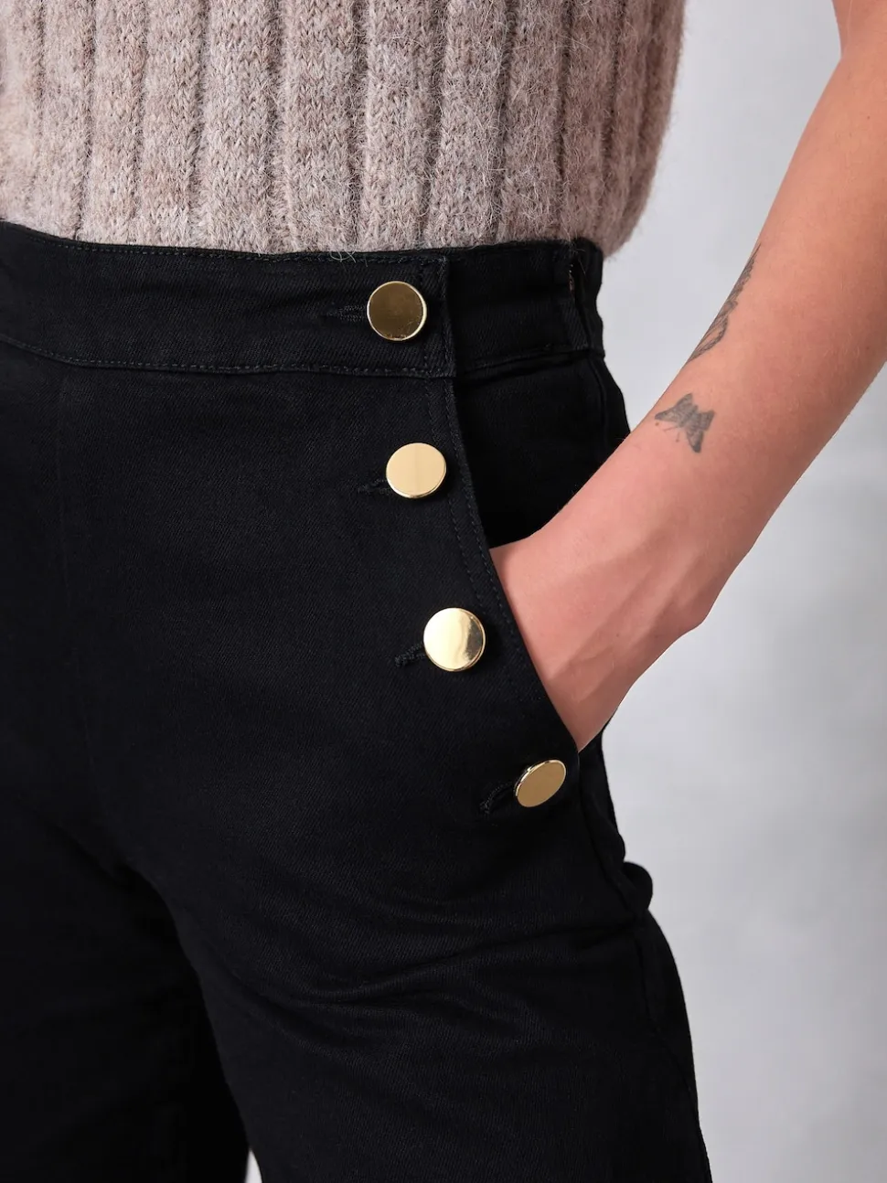 Black Gold Button Front Wide Leg Jeans
