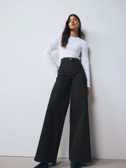 Black High Rise FlexiFit Stretch Pull On Wide Leg Jeans