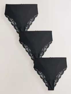 Black High Waist High Leg No VPL Lace Back Briefs 3 Pack