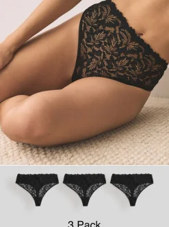 Black High Waisted Thong Lace Front NVPL Knickers 3 Pack