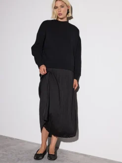 Black 2-In-1 Sweatshirt With Satin Midi Skirt