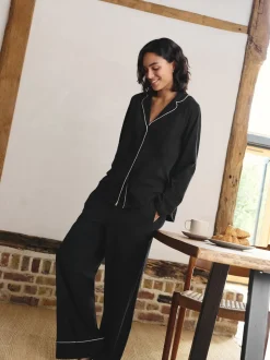 Black Jersey Button Through Pyjamas