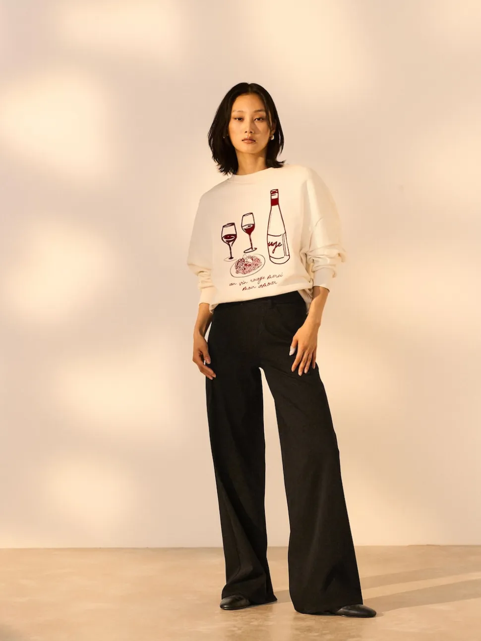 Black Jersey Denim Wide Leg Trousers