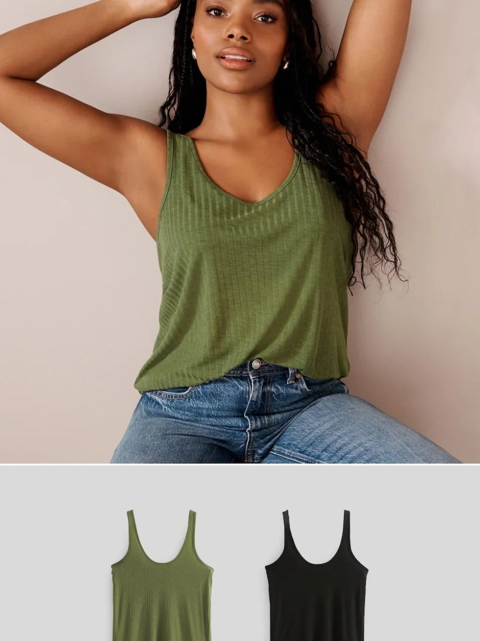 Black/ Khaki Green Strappy Scoop Neck Slouch Ribbed Vests 2 Pack