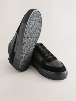 Black Leather Chunky Panel Detail Lace Up Trainers