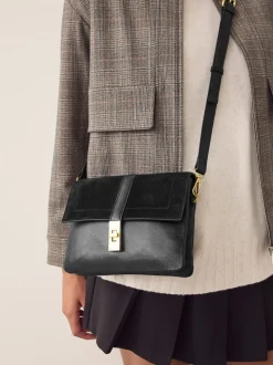 Black Leather Croc Effect Cross-Body Bag