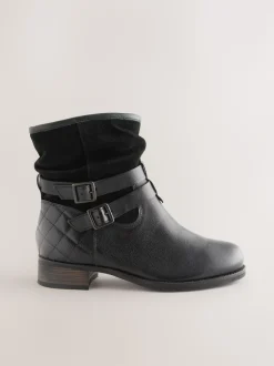 Black Leather Extra Wide Fit Leather Slouch Ankle Boots