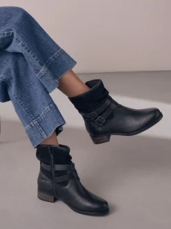 Black Leather Extra Wide Fit Leather Slouch Ankle Boots