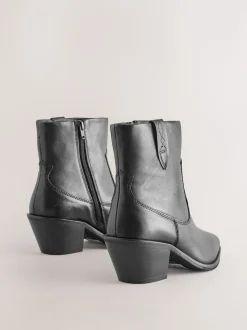 Black Leather Extra Wide Fit Cowboy Block Heel Ankle Boots