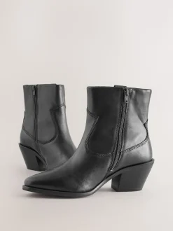 Black Leather Extra Wide Fit Cowboy Block Heel Ankle Boots