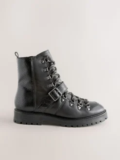 Black Leather Forever Comfort® Buckle Trim Lace Up Boots