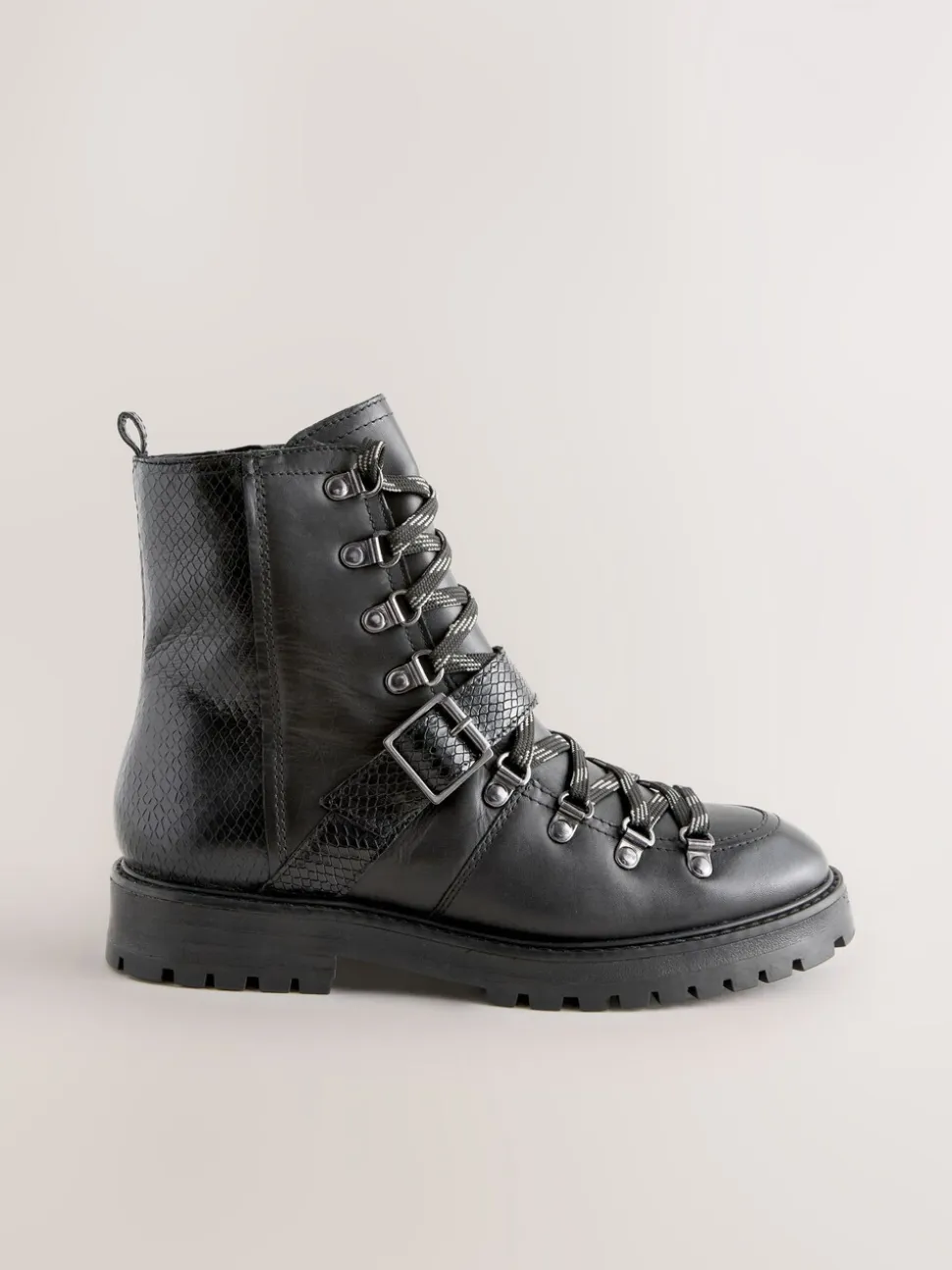 Black Leather Forever Comfort® Buckle Trim Lace Up Boots