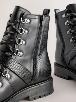 Black Leather Forever Comfort® Buckle Trim Lace Up Boots