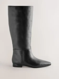 Black Leather Forever Comfort® Flat Chisel Toe Knee High Boots