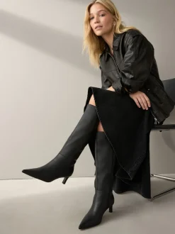 Black Leather Knee High Skinny Heeled Boots
