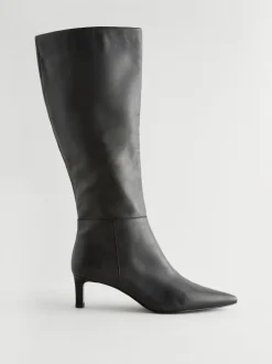 Black Leather Knee High Skinny Heeled Boots
