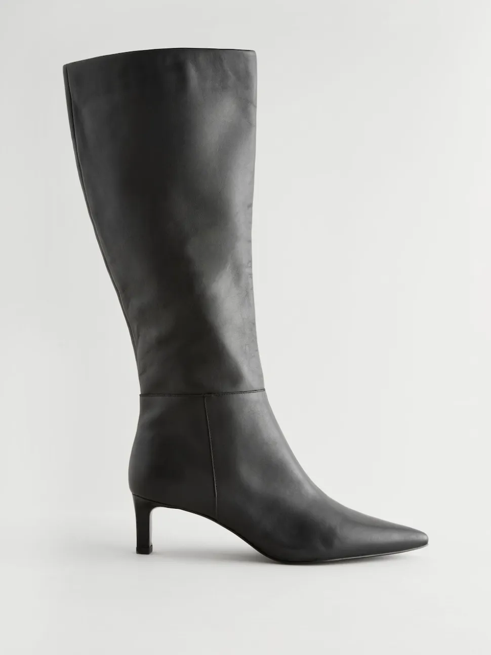 Black Leather Knee High Skinny Heeled Boots