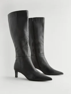 Black Leather Knee High Skinny Heeled Boots