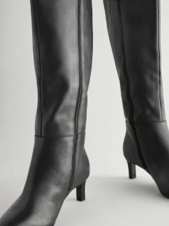 Black Leather Knee High Skinny Heeled Boots