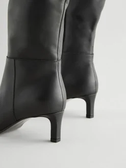 Black Leather Knee High Skinny Heeled Boots