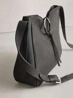 Black Leather Messenger Cross-Body Bag