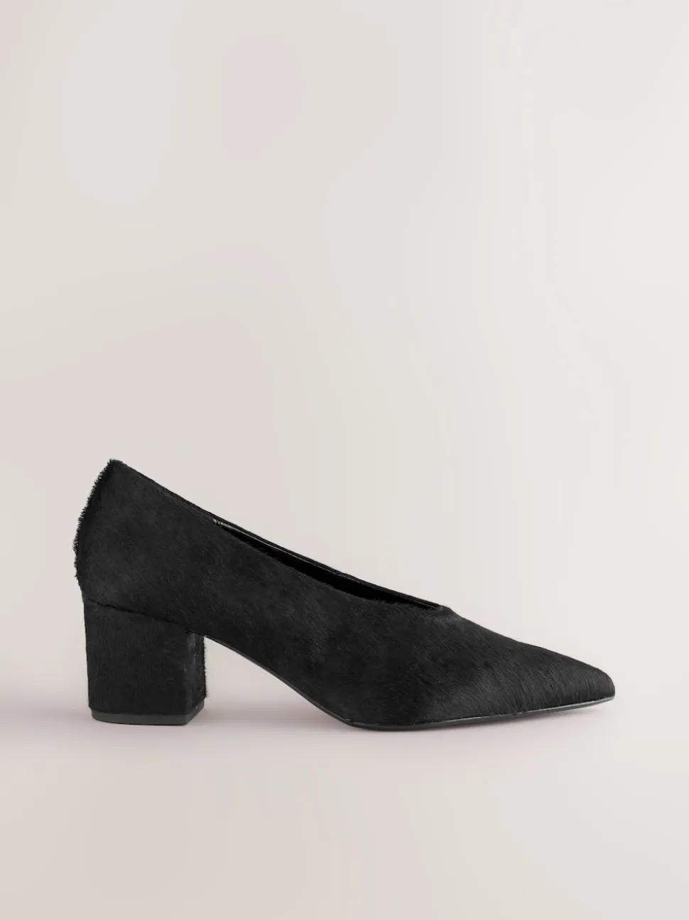 Black Leather Point Toe Low Block Heels Shoes