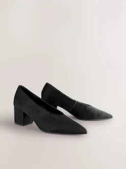 Black Leather Point Toe Low Block Heels Shoes