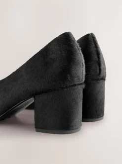 Black Leather Point Toe Low Block Heels Shoes