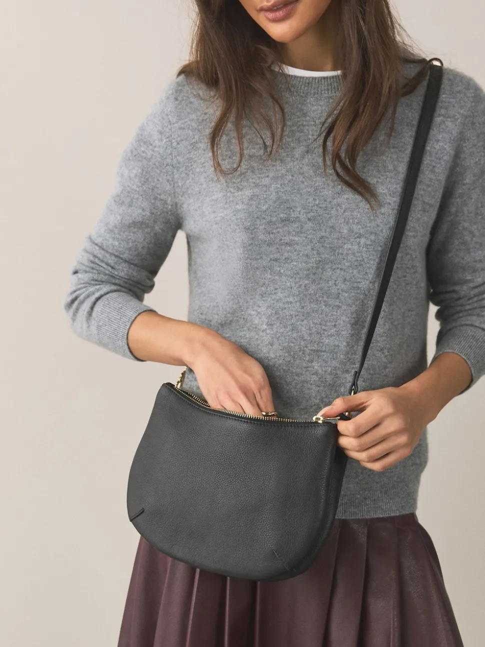 Black Leather Scoop Cross-Body Bag