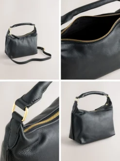 Black Leather Scooped Hand Held Bag