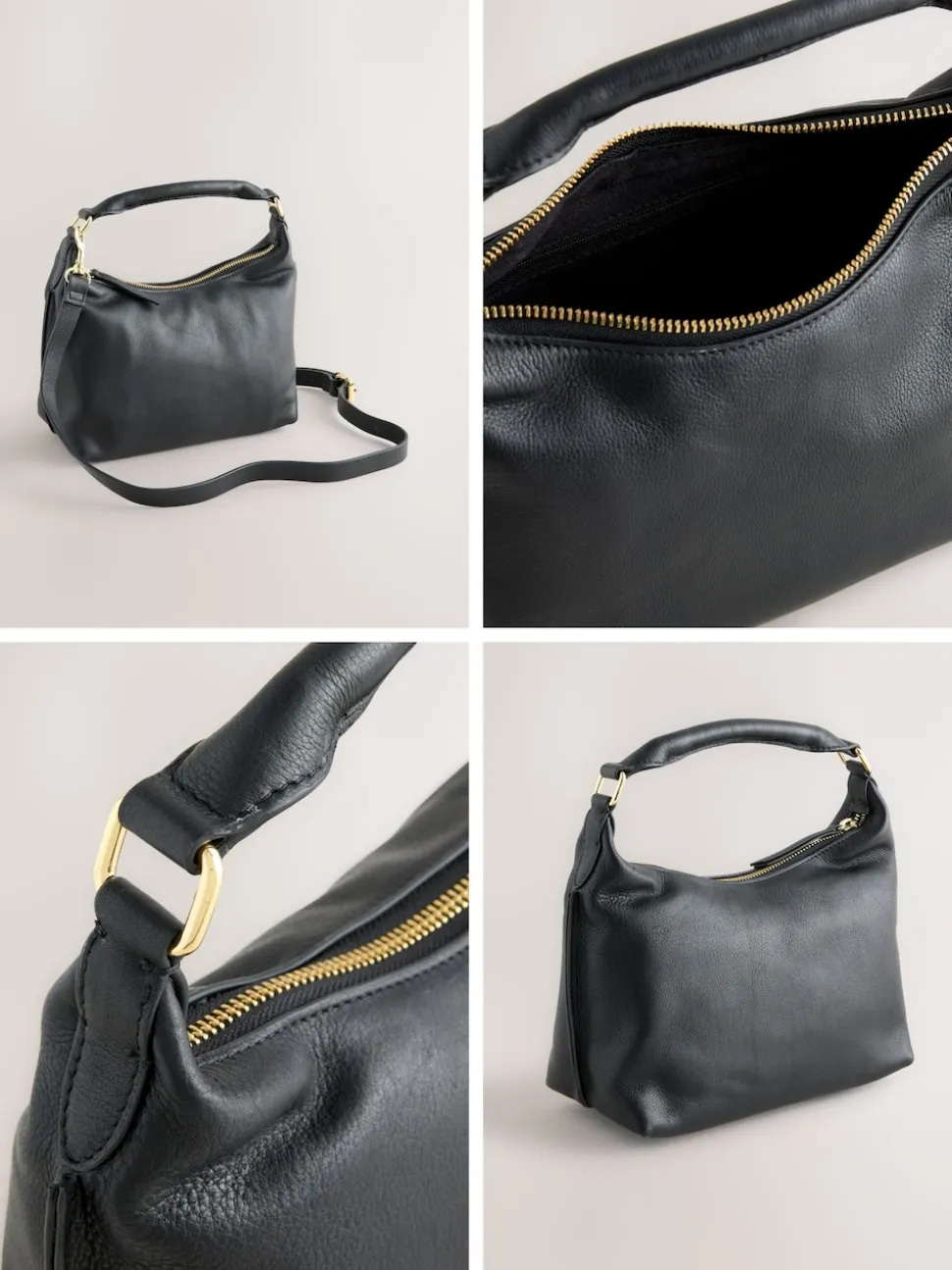 Black Leather Scooped Hand Held Bag