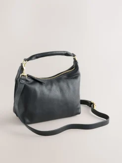 Black Leather Scooped Hand Held Bag