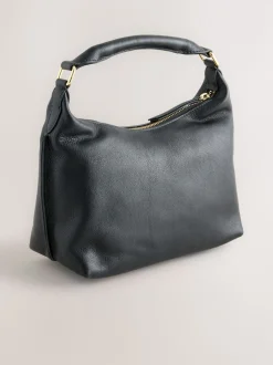 Black Leather Scooped Hand Held Bag