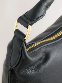 Black Leather Scooped Hand Held Bag
