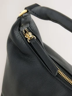 Black Leather Scooped Hand Held Bag