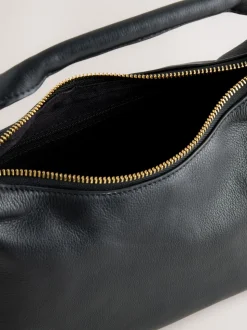 Black Leather Scooped Hand Held Bag