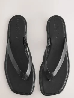 Black Leather Standard/Wide Fit Square Toe Thong Sandals