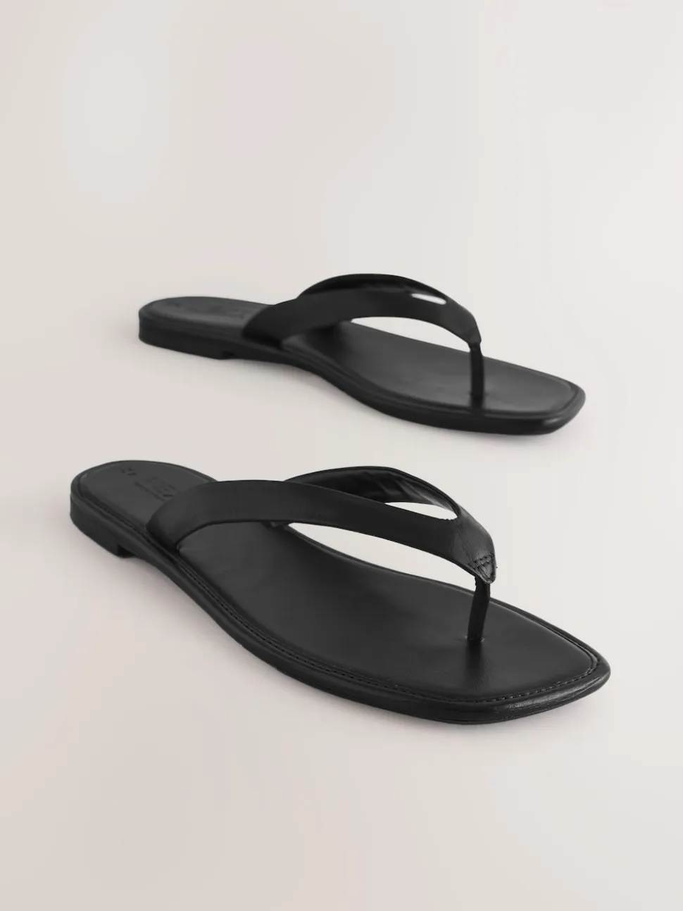 Black Leather Standard/Wide Fit Square Toe Thong Sandals