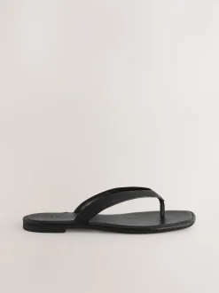 Black Leather Standard/Wide Fit Square Toe Thong Sandals
