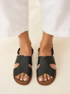 Black Leather Standard/Wide Fit Stitched Slingback Sandals