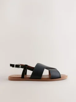 Black Leather Standard/Wide Fit Stitched Slingback Sandals