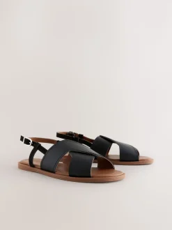Black Leather Standard/Wide Fit Stitched Slingback Sandals