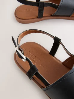 Black Leather Standard/Wide Fit Stitched Slingback Sandals