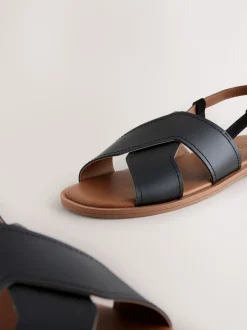 Black Leather Standard/Wide Fit Stitched Slingback Sandals