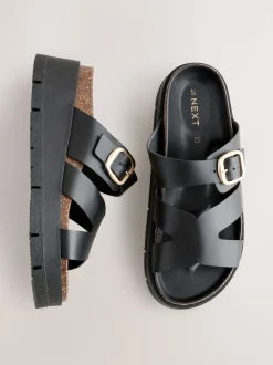 Black Leather Strap Buckle Detail Sandals