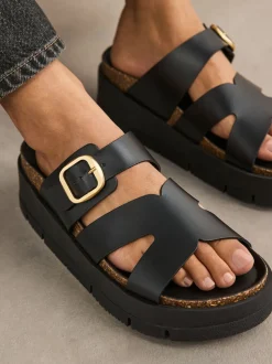 Black Leather Strap Buckle Detail Sandals