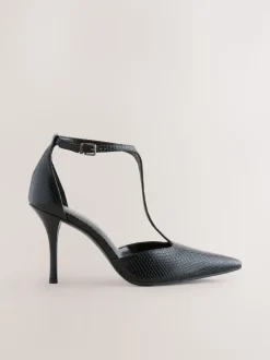 Black Lizard Effect Leather T-Bar Pointed Toe Heels