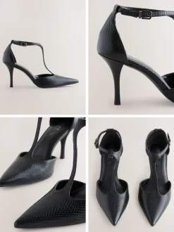 Black Lizard Effect Leather T-Bar Pointed Toe Heels
